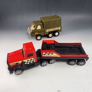 Lot of 2 Vintage Buddy L Truck Army Transport Race Team Car Carrier 1980s Japan